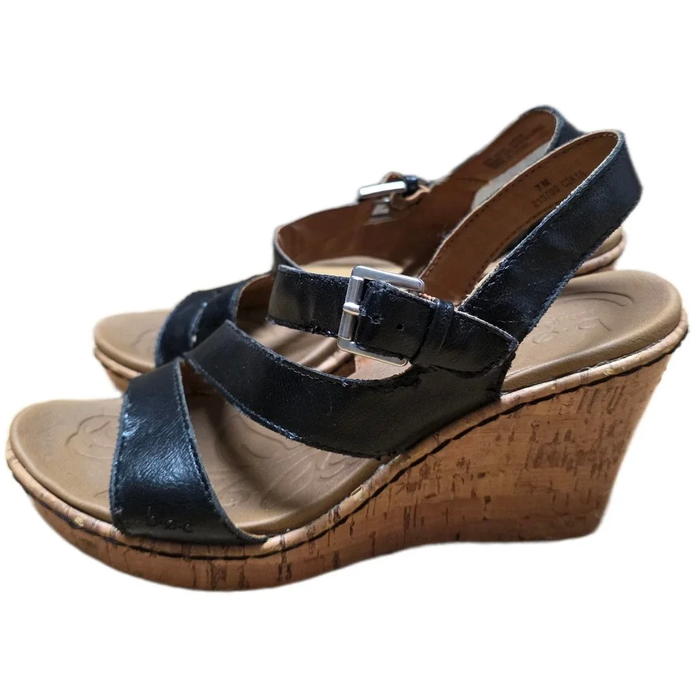 Boc Born Concept Schirra Wedge‎ Sandals Women's Size 7 M Black Leather Cork